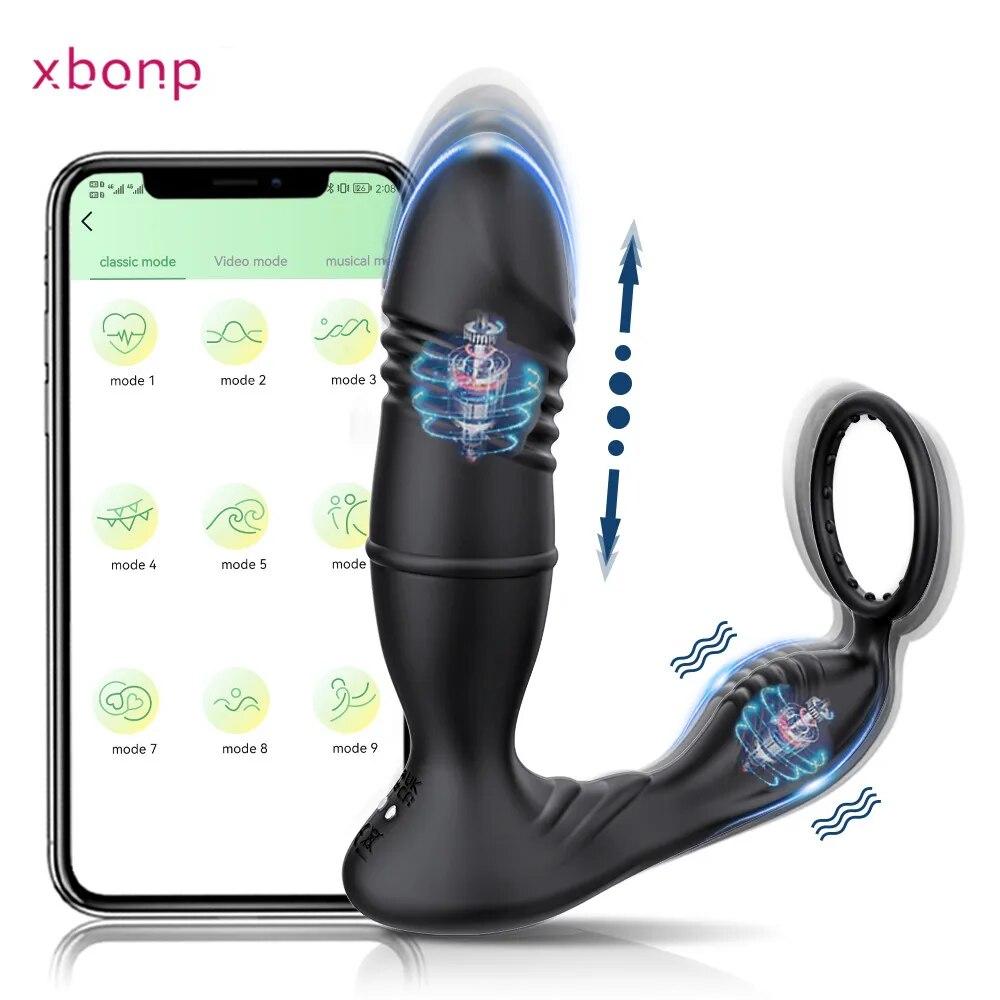 APP Controlled Anal Plug Bluetooth Thrusting Vibrator Prostate Massager Delay Ejaculation Lock Ring Butt Plug Sex Toys for Men