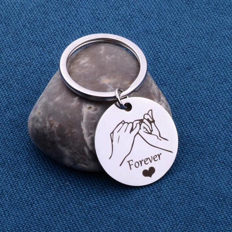 Forever Love Stainless Steel Keychain - Engraved Friendship Couple Hand Gesture Pendant
