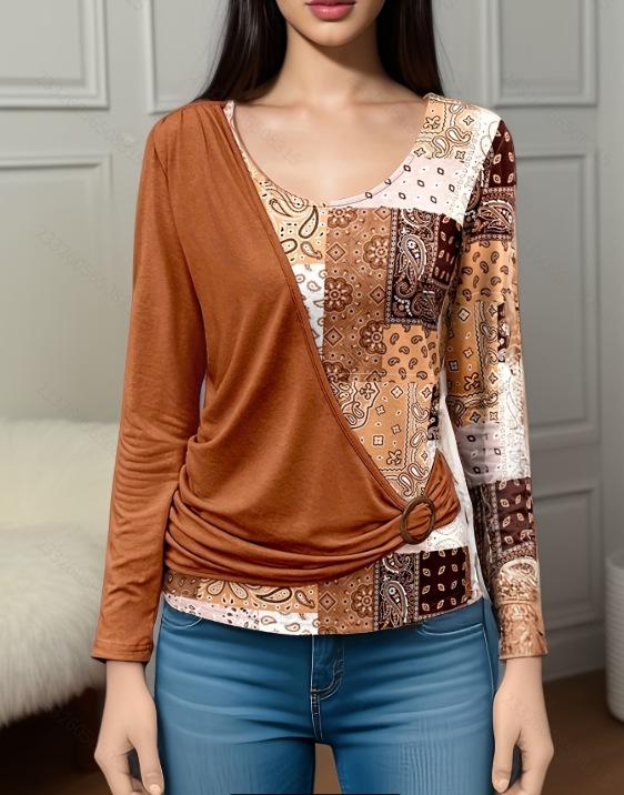 

Women s Asymmetrical Long Sleeve Top, V-Neck Peplum Blouse with Paisley Print, Casual Stretch T-Shirt 3XL кораловий