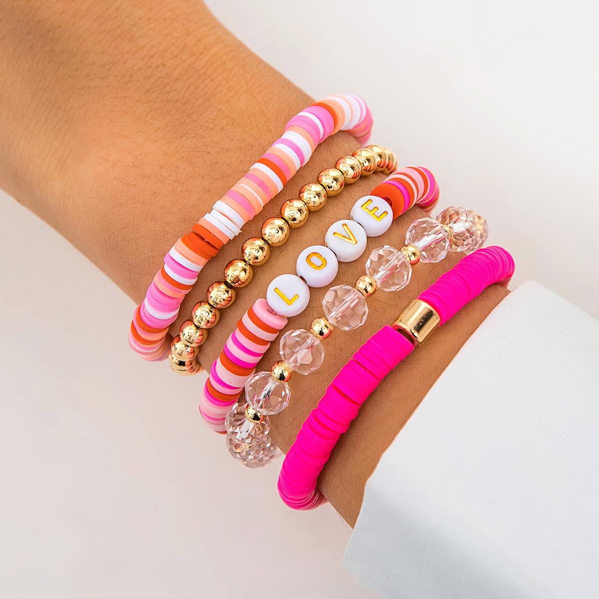 

5Pcs/Set Romantic Pink Soft Ceramic Acrylic Beads Bracelet for Women Cute Sweet LOVE Letter Couple Bangle Valentine Jewelry Gift