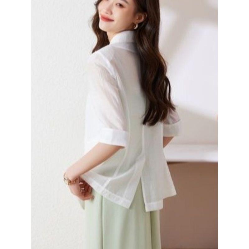 K-style Plus Size New Arrival Work Clothing Ol Two Buttons Thin Solid Color Half Sleeves Small Business Suit Coat Casual Chiffon Sun Protection Shirt