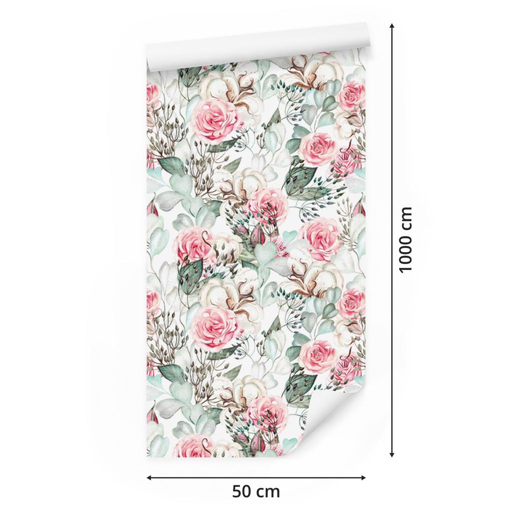 Roses and Eucalyptus Leaves Wallpaper In Watercolor Style 50x1000