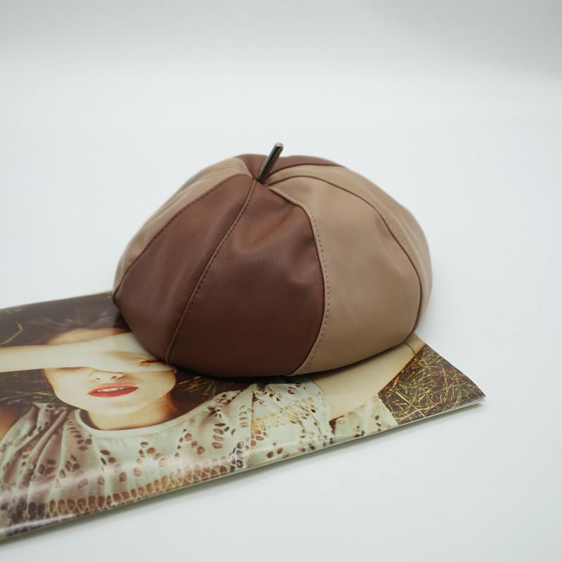 Japanese Retro Milk Coffee Black Color Matching Pu Leather Octagonal Hat Female Versatile British Painter Beret