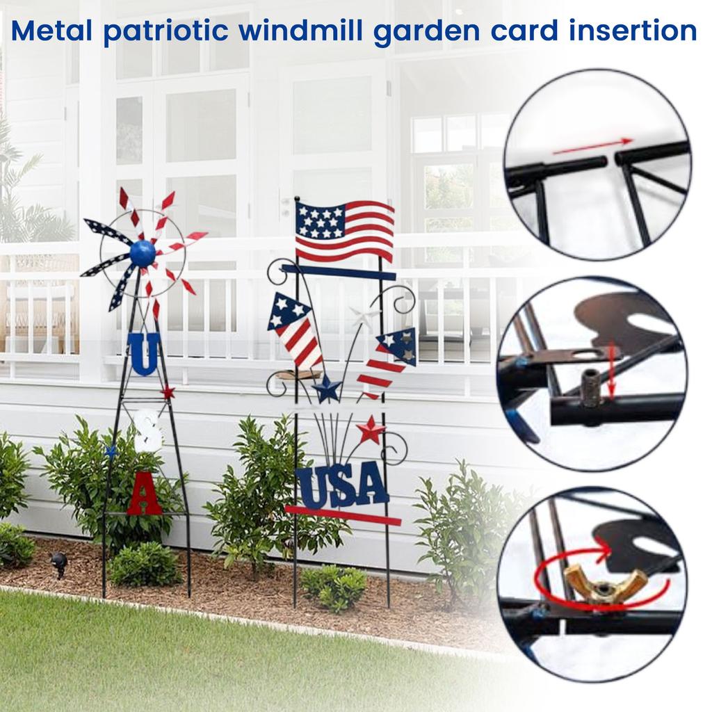 Metal Garden Stake USA Patriotic Wind Spinner Yard Decoration Outdoor Lawn Ornament with Spinning Flags and Stars for Garden