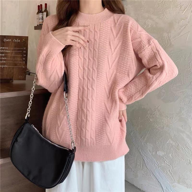 Women's Retro Lazy Style Cable Knit Sweater - Soft, Gentle, Loose Round Neck