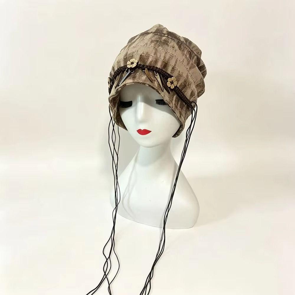 Wood Decoration Ethnic Stye Beanie Tassel Windproof Head Wrap Vintage Vintage Pullover Hat Girls