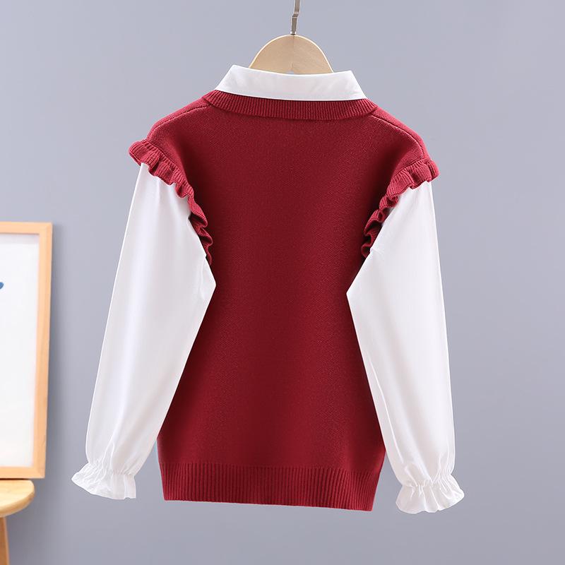 Mädchen Zweiteiliger Baumwollstrickpullover mit Hemdkragen für Frühling & Herbst