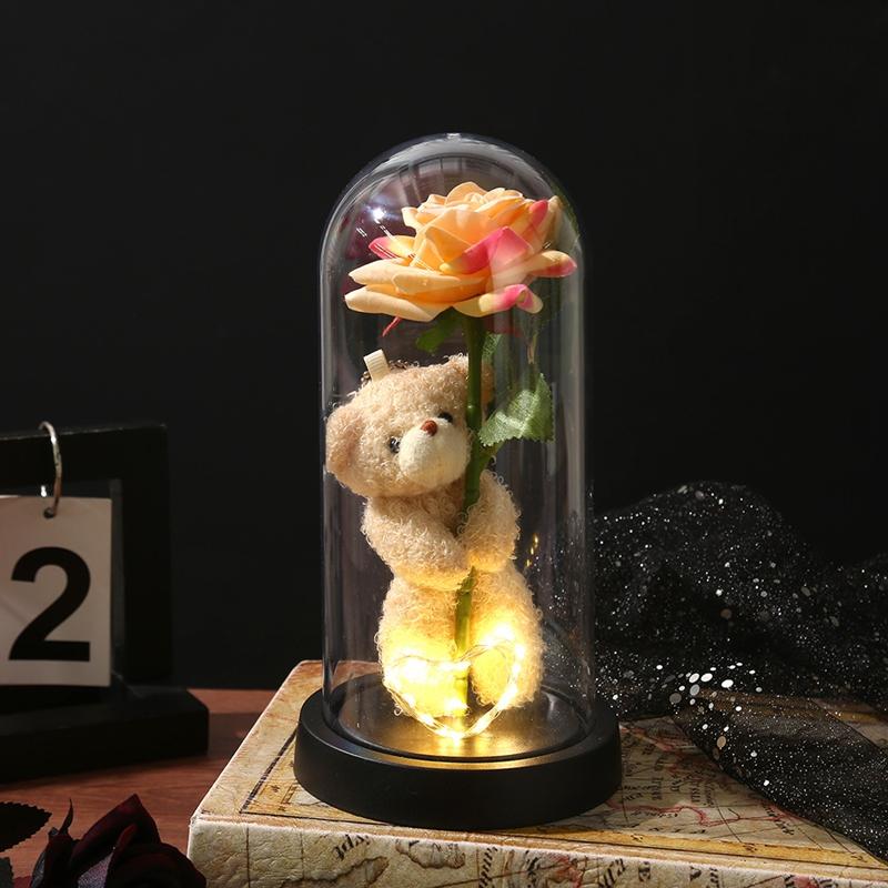 Acrylic Transparent Cover LED Eternal Flower Luminous Bear Rose Ornament Valentine's Day Christmas Gifts Light Up Party Supply