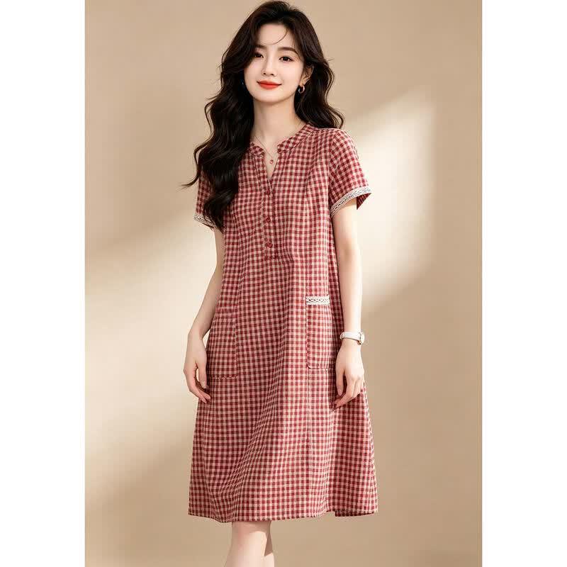 D.F.DEAR 2026 Summer V-Neck Plaid Dress