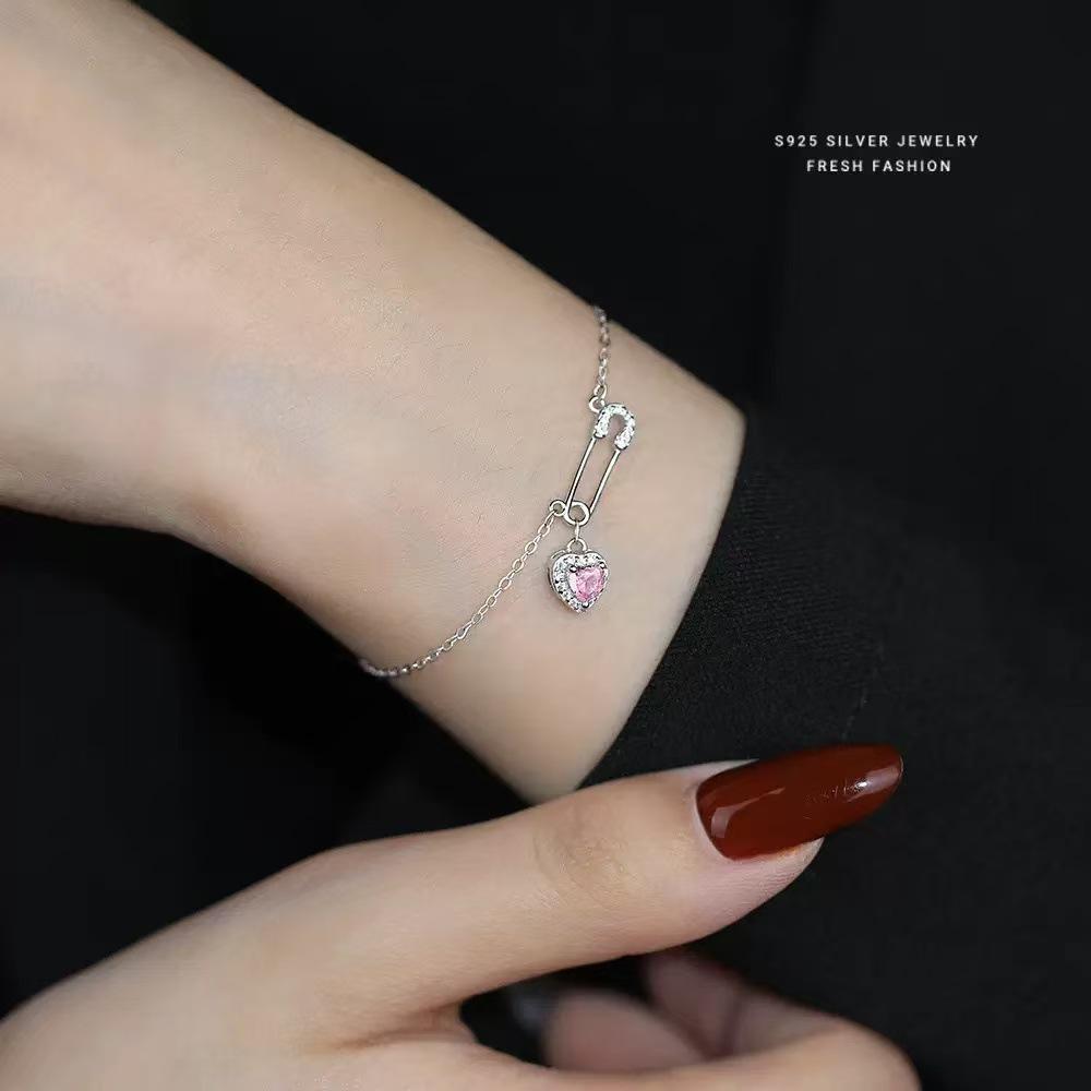 Women's Zircon Safety Pin Heart Pendant Necklace - Luxury Titanium Steel Chain