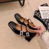2025 Early Spring Round Head and Leather Shallow Mouth One-word Buckle with Rhinestone Square Buckle Single Shoes Bai and Mary Jane Women