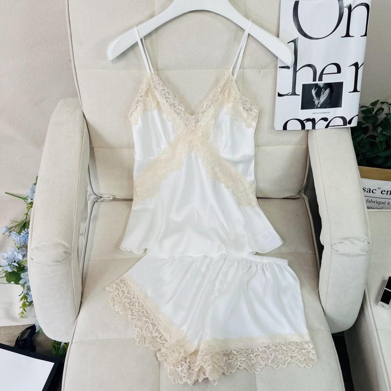 Sommer Frauen Strumpf 2Pcs Pyjamas Set Sexy Patchwork Spitze Chemise Nachtwäsche Intimate Dessous Lose Seide Satin Hause Kleidung