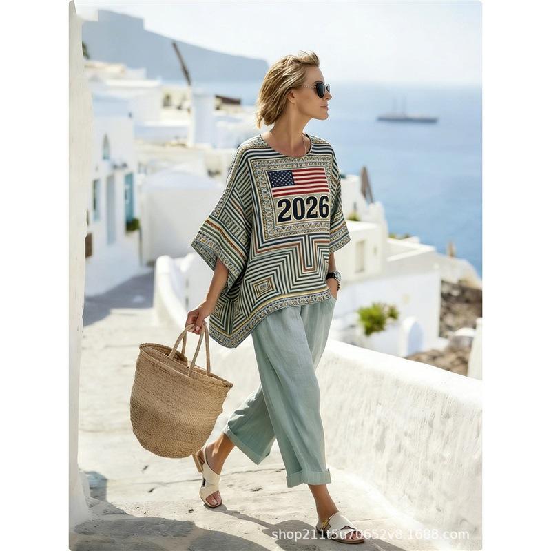 1116 New Bohemian Crew Neck 1D Full Printing Two-piece Set Women's Loose Casual Seaside Holiday Set