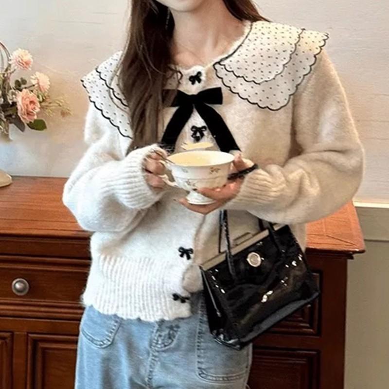 Bow Lazy Wind Autumn and Winter Knitted Cardigan Top Loose Outer Wear Trendy Doll Collar Short Sweater Women