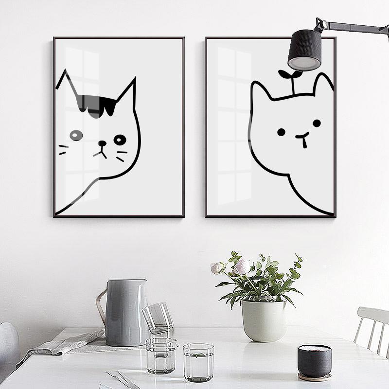 Minimalist Modern Cartoon Cat Wall Art Poster Nortic Line Drawing Black and White Animal Canvas Painting Home Decoration