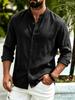 Men's White Cotton Linen Button Down Shirt Long Sleeve Mandarin Collar Casual Beach Vacation Top