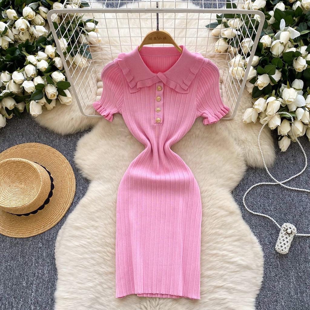 French retro doll collar short-sleeved waist knitted dress women's summer thin temperament tight hip-wrapped sweater skirt