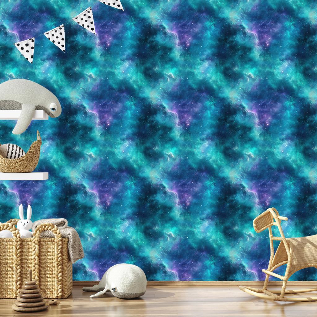 Watercolor Galaxy Wallpaper Turquoise, Blue and Navy Blue 50x1000