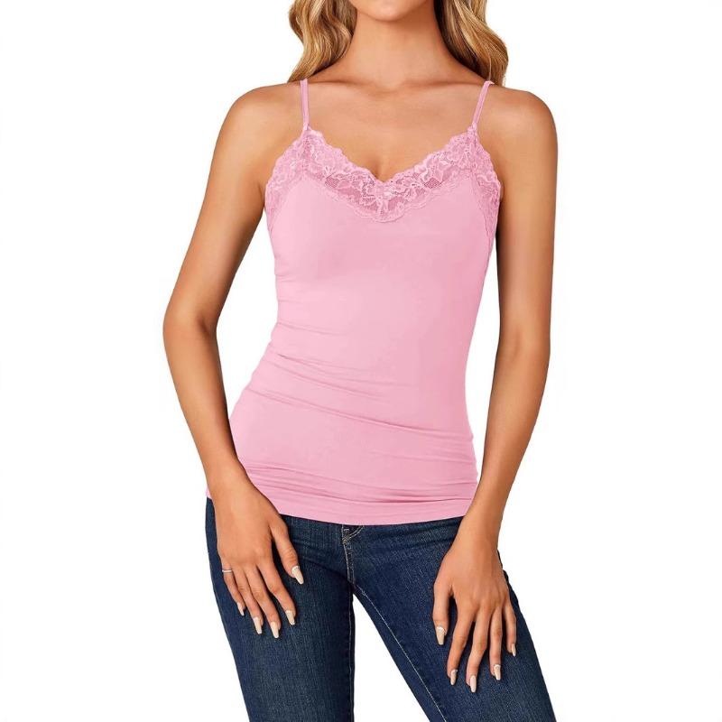 Canottiere Estive da Donna in Pizzo Scollo a V Eleganti con Spallino Sottile Blusa Vestibilità Aderente Monocolore Semplice Dolce Casual Senza Schiena Moda Camicie Eleganti
