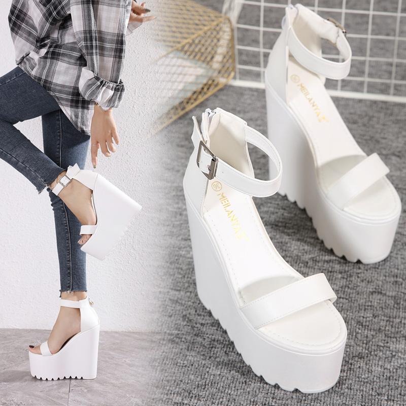Fashion 16cm White Wedge Heel New Summer Thick Heel Platform Dance Shoes Sexy T-stage Night Club Super High Heel Women's Sandals