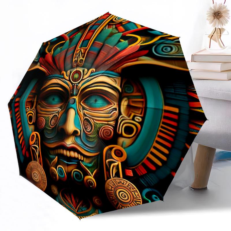 Aztekenkalender-Scheibe Outdoor Automatischer Regenschirm Kompakt 8-Rippen Leicht Langlebig Täglicher Begleiter Regenschirm Outdoor-Accessoire Stilvolles Geschenk für Frauen