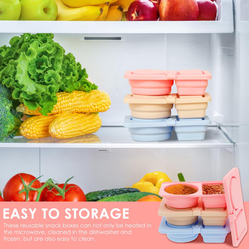 3Pcs Silicone Collapsible Food Container Lunch Box Double Compartment Snack Salad Bento Dressing Sauce Container Portable