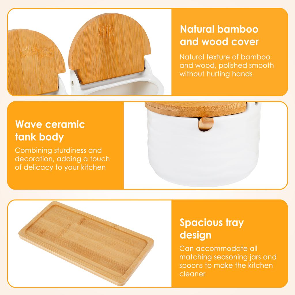 2Pcs Ceramic Seasoning Jar with Lid Spoon Seasoning Box for Sugar Salt Spice Bottle Container with Serving Tray Kitchen Supplies