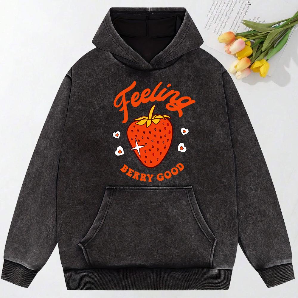 Feeling Berry Good Strawberry Print Washed Women Hoodies Cartoon Hoody Loose Top Cotton Multicolor Pullover