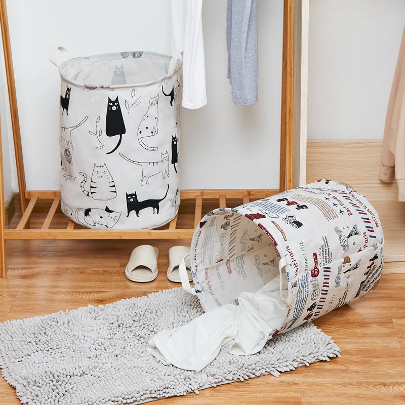 Foldable Round Laundry Basket with Adorable Cat Pattern Home Use Dirty Clothes Hamper Toy Clothes Storage Washing Clothes Hamper