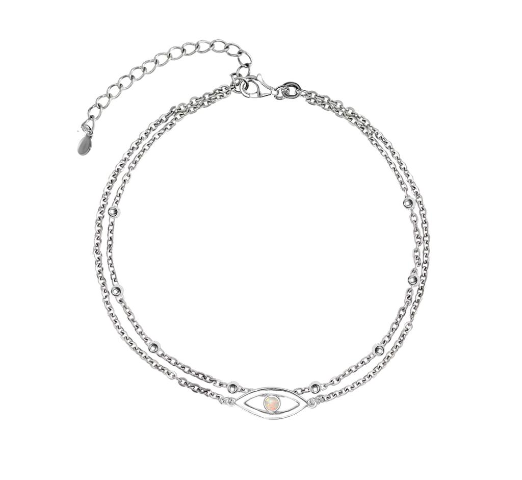 Real 925 Sterling Silver Created Opal Layered Evil Eye Beaded Adjustable Anklet for Teen Women