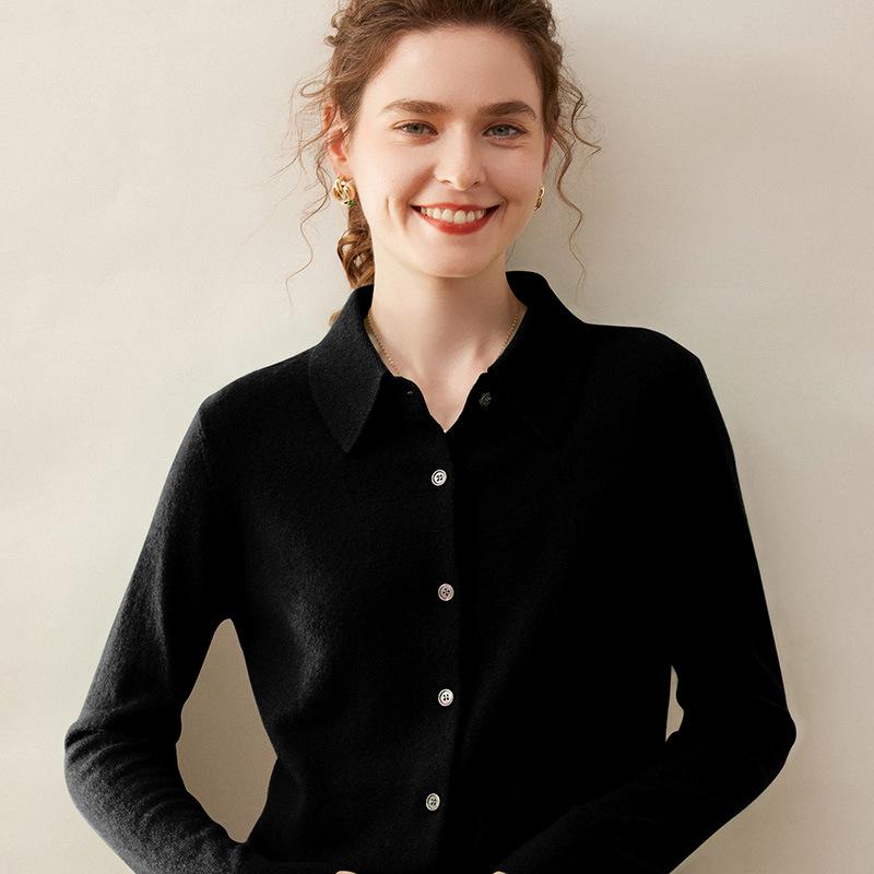 Elegant Women's Cashmere Knit Polo Collar Cardigan - Long Sleeve, Loose Fit, Versatile and Warm.