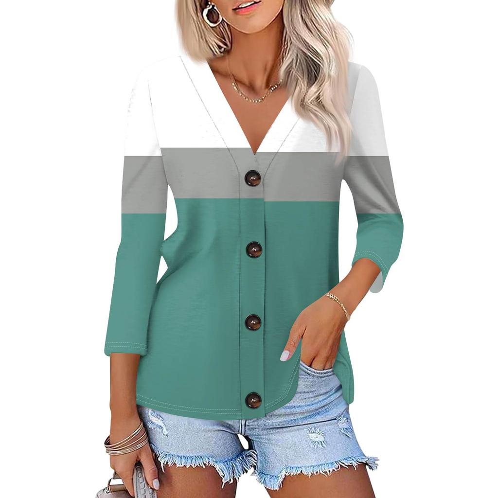 Moda Feminina Casual Camisa Listrada com Estampa Geométrica Abotoada Top Cardigan de Manga Três Quartos