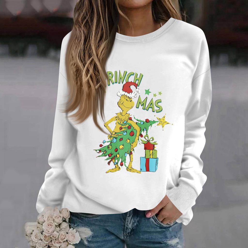 Women's Fashion Casual Long Sleeve Solid Color Christmas Printed Round Neck Top Sweatshirt