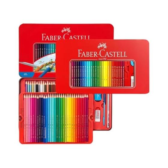 Faber-Castell Watercolor Pencils, 60 Colors, Red Tin, Pencils, Brush, Eraser, Sharpener