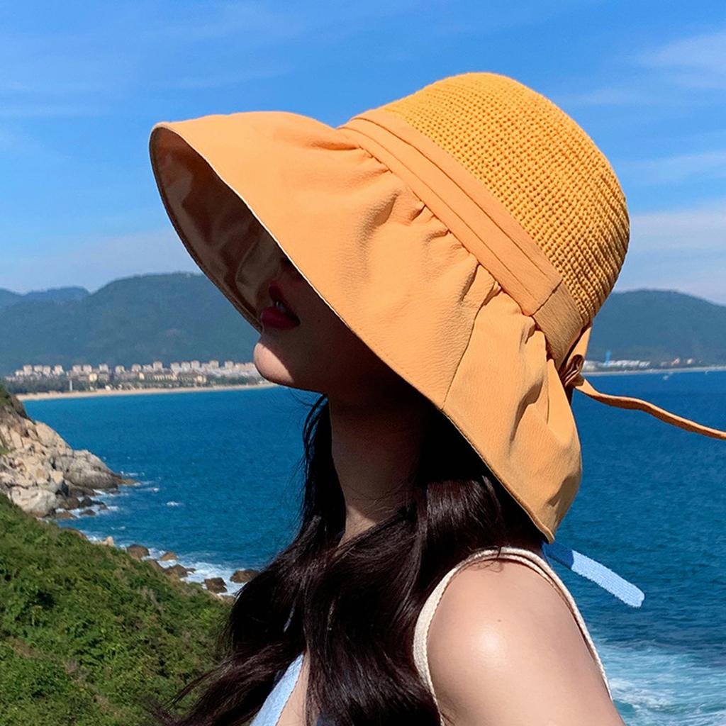 Women's Big Brim Sunscreen Breathable Sun Visor Bucket Hat with Sweet Bowknot