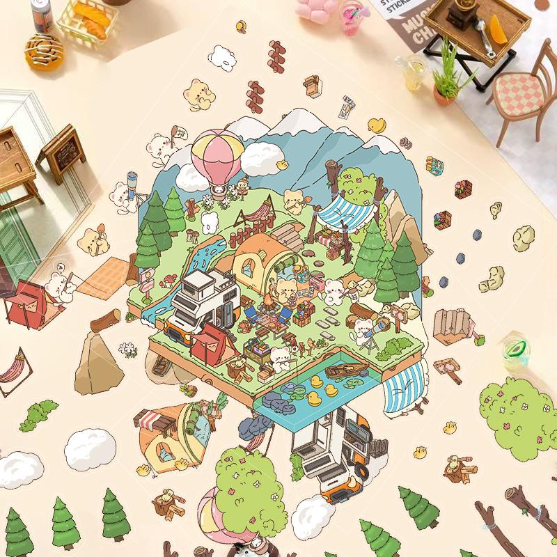 Kreslené krajinné samolepky Vícenásobný miniaturní svět 3D chata Rozbalit DIY scéna Ruční příspěvek