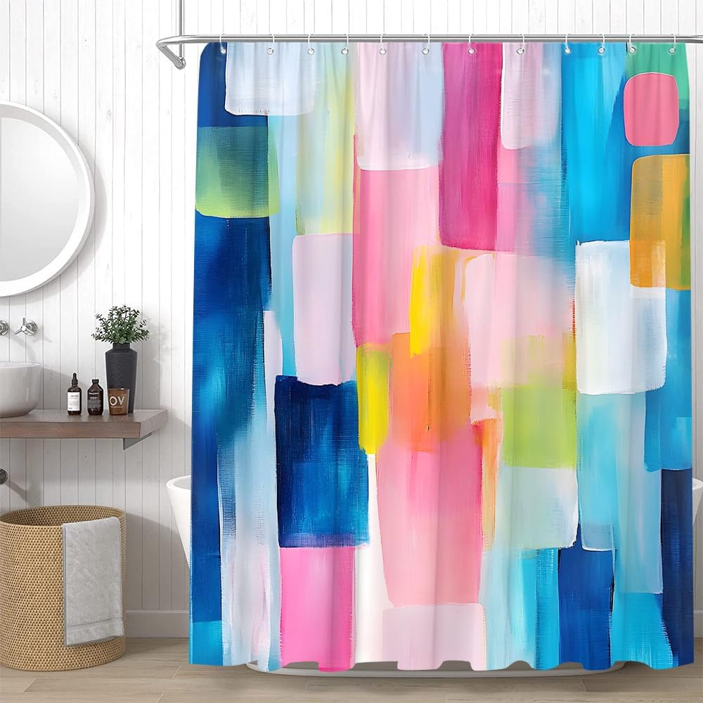 Abstract Shower Curtain Pink Blue Teal Geometric Modern Colorful Aesthetic Minimalist Bathroom Decor Curtains Set with Hooks,