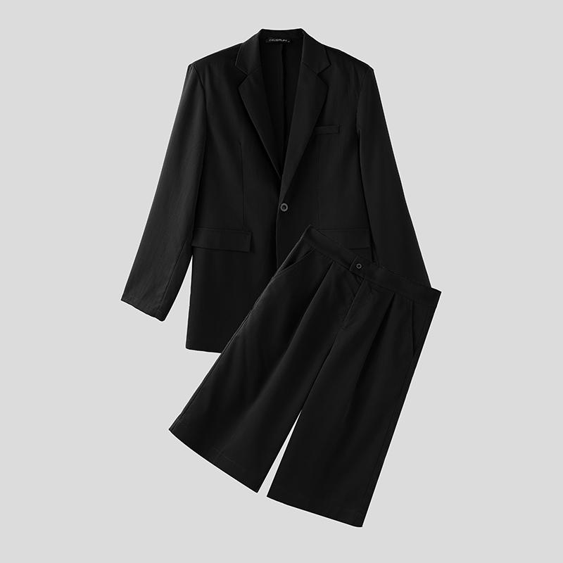 INCERUN Two Pieces Outfits Men Oversized Long Sleeve Blazer Capri Pants Sets Outfits