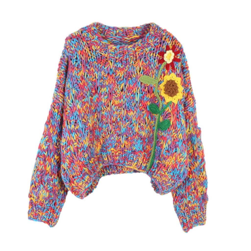 Colorful Retro Crochet Pullover: Long-Sleeved Crewneck Sweater for Autumn/Winter