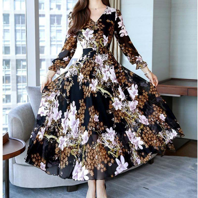 Langermet V-halskjole Kvinner Høst Slim Fit Lang A-linje stort skjørt