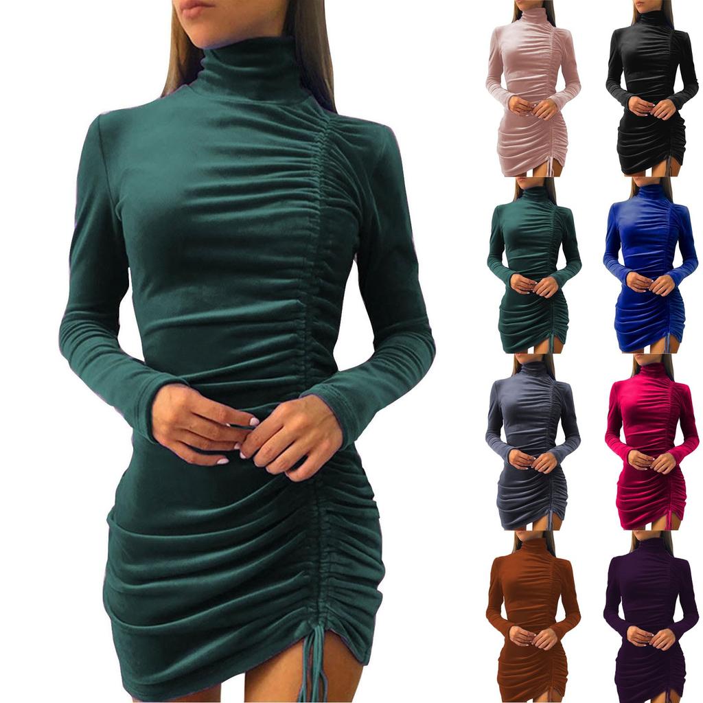 Dámské volné ležérní jednobarevné šaty se stahovací šňůrkou, vysokým výstřihem, dlouhým rukávem a přiléhavé šaty obepínající boky