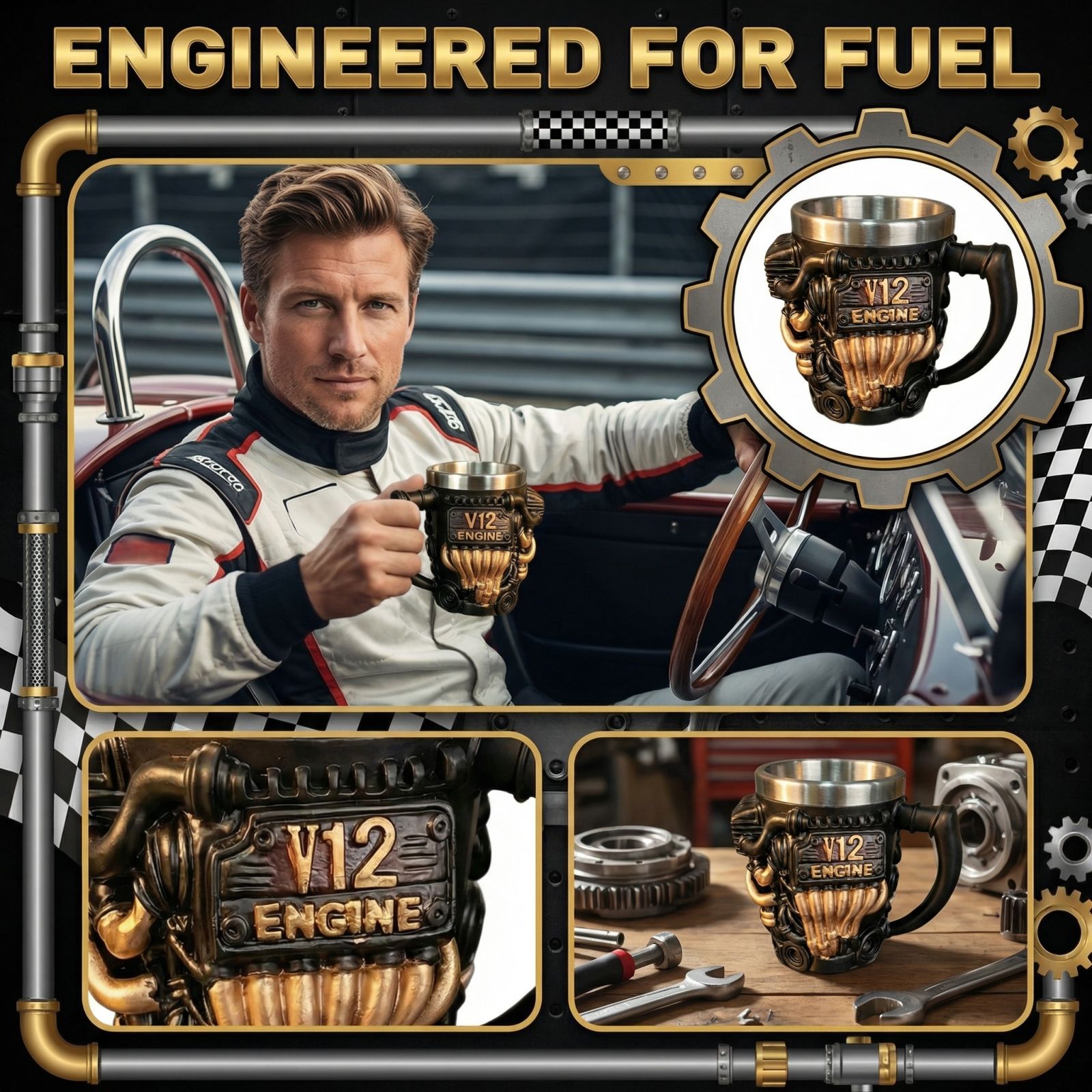 

V12 Engine Resin Mug With Stainless Steel Liner, Industrial Mechanical Coffee Cup, Unique Gift For Motorcycle Enthusiasts One Size чёрный