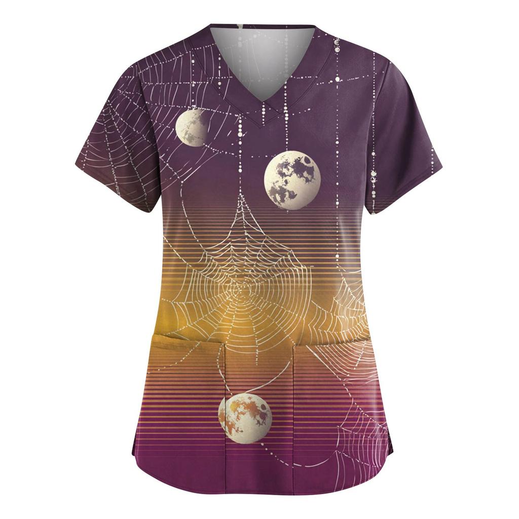 Dámská móda Overaly s krátkým rukávem a výstřihem do V s kapsami Halloweenské potištěné topy Oblečení