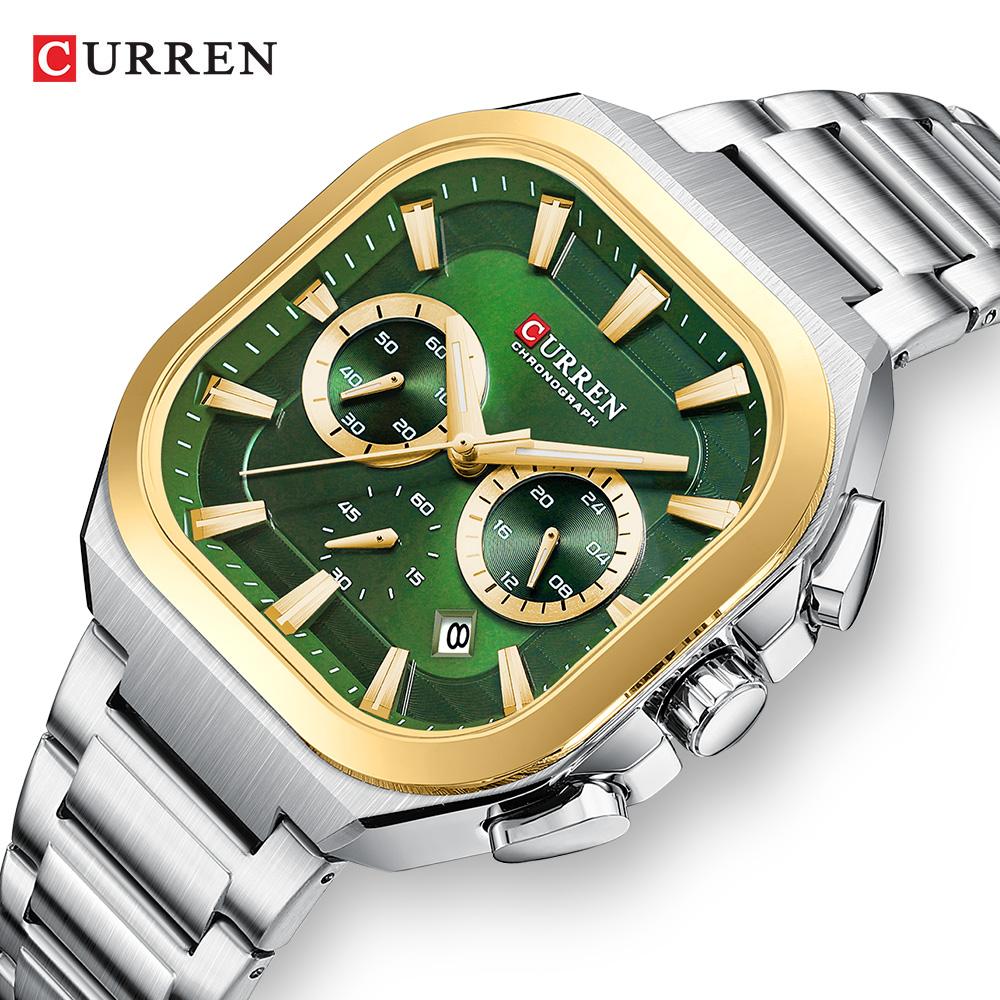 CURREN Chronograph Quartz Watch Square Stainless Steel Band Calendar Watch Business Men's Luminous Wristwatch Waterproof 8496