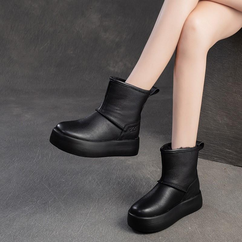 Johnature Versatile Snow Boots Plush Warm Flat Platform Short Boots Genuine Leather Women's Shoes