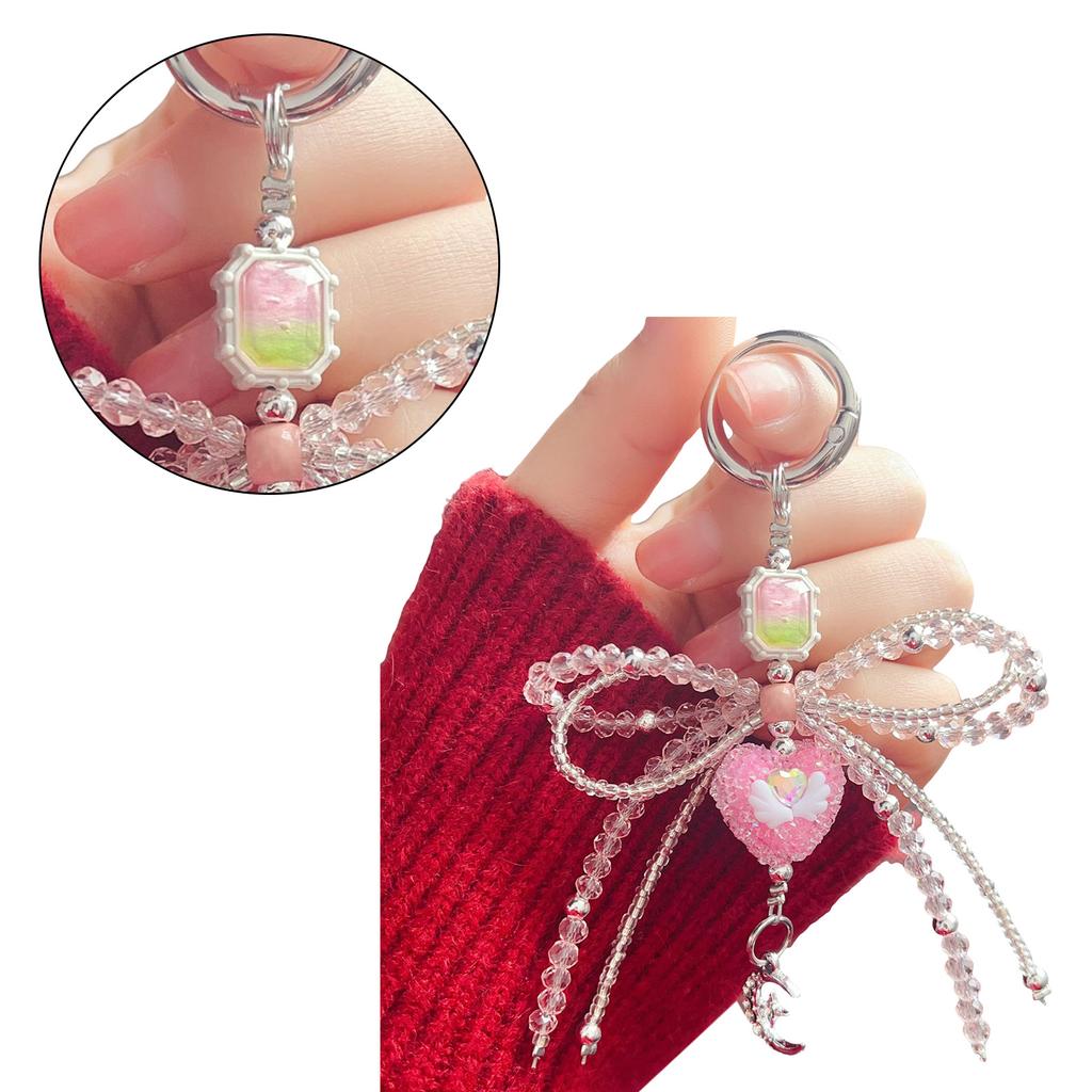 Bowknot Heart Pendant Keychain Beaded Phone Charm Handmade Bows Phone Lanyard Car Keyring Jewelry for Wallet Handbag