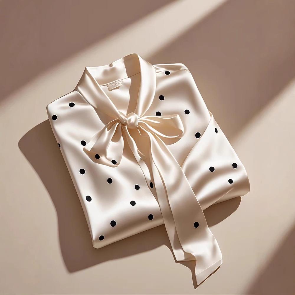 2025 Frühling Satin Polka Dot Fliege Hemd: Schlankmachend, Langarm