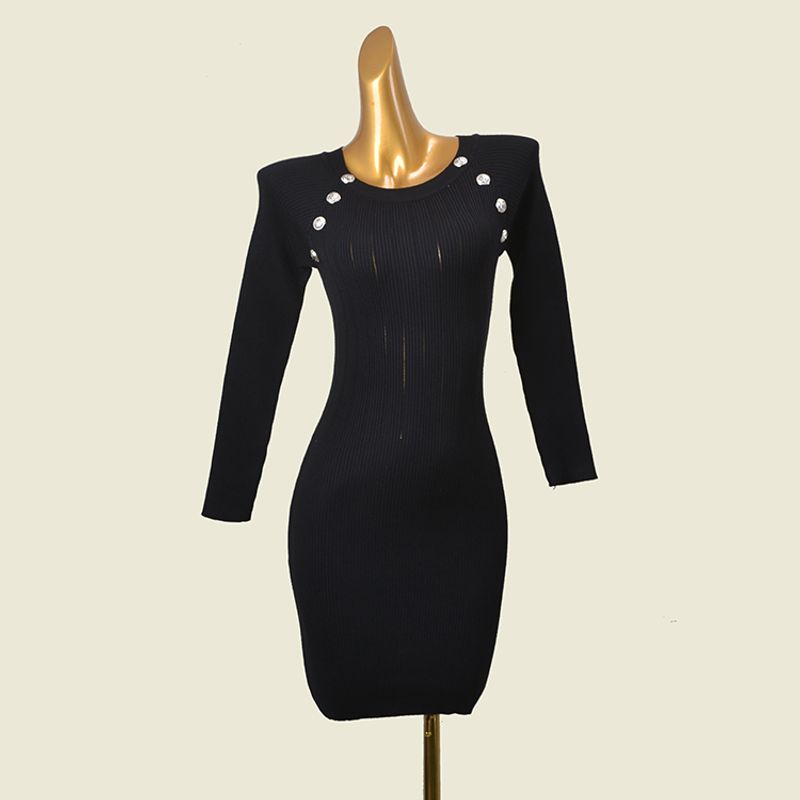 Fashion Style Metal Buckle Sunken Stripe Silm Long Sleeves Knitting Dress Autumn Sexy Sheath Bottom Long Dress