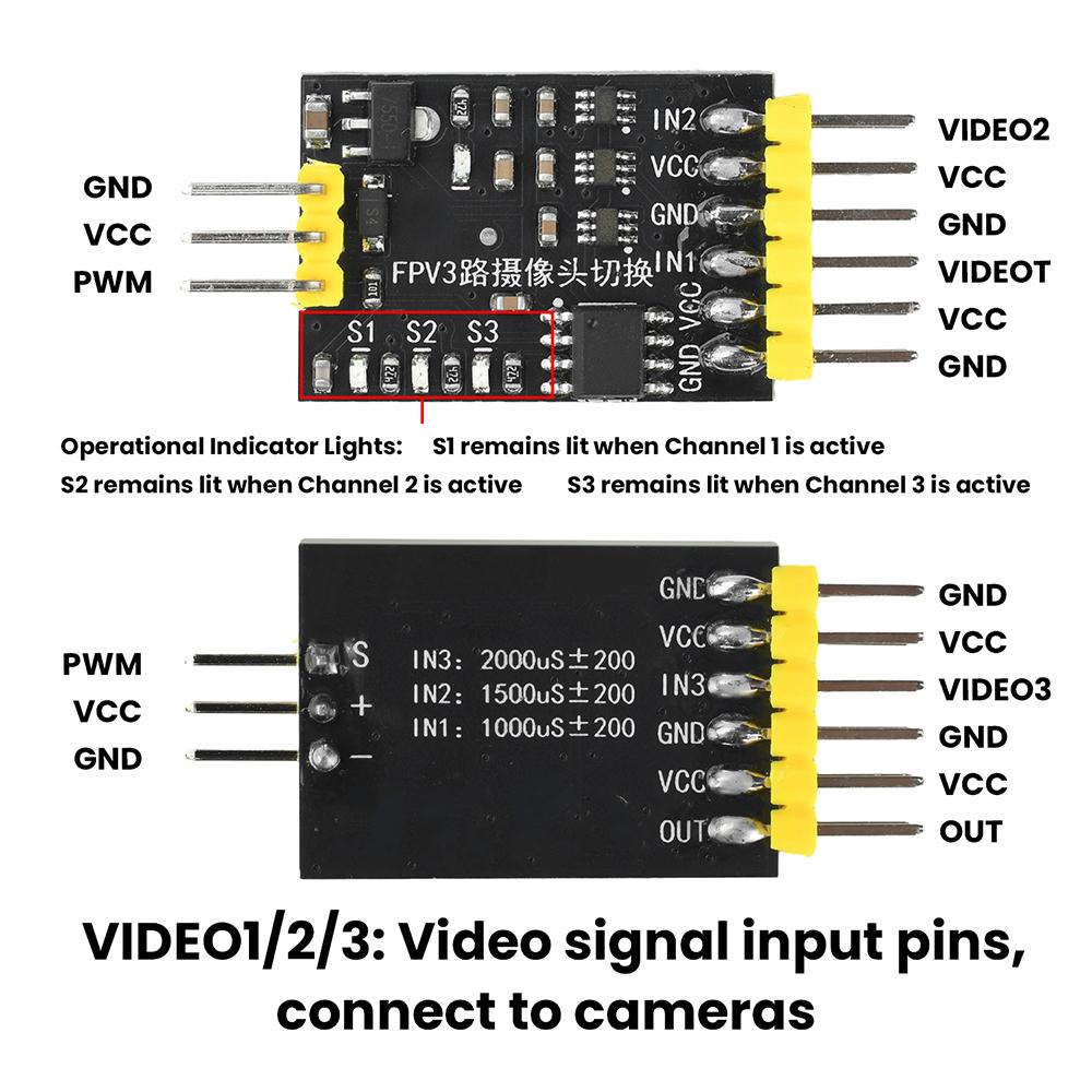 DC5-12V FPV 3-channel camera switching channel video switcher module, PWM control suitable for time traveling machines/drones