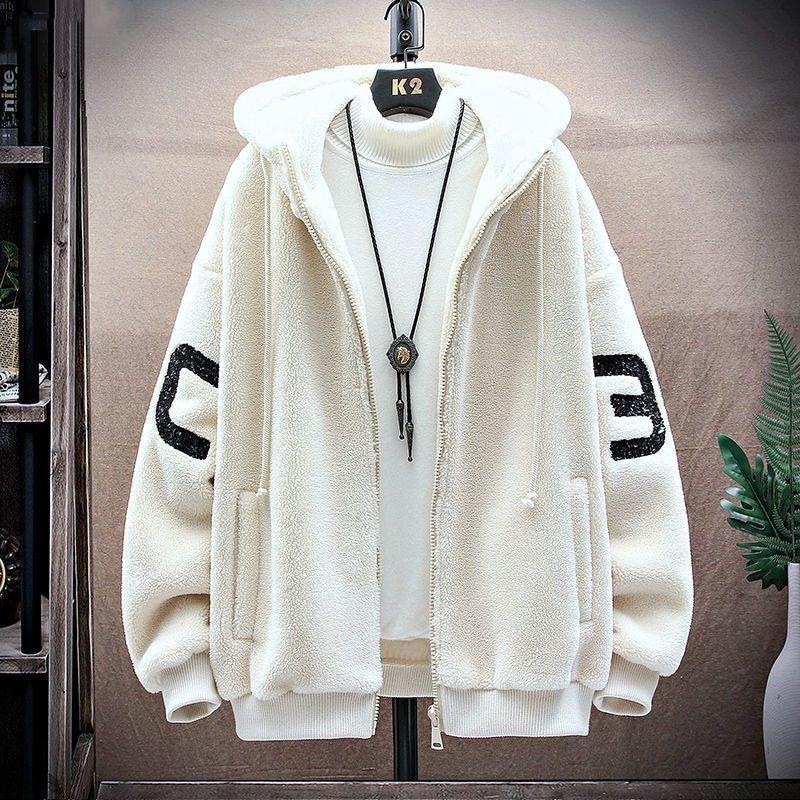 

Осень-зима мужская куртка с цветными блоками с капюшоном на молнии кардиган толстый плюшевый декор с буквами теплые карманы с длинными рукавами морозостойкое мужское пальто L бежевый